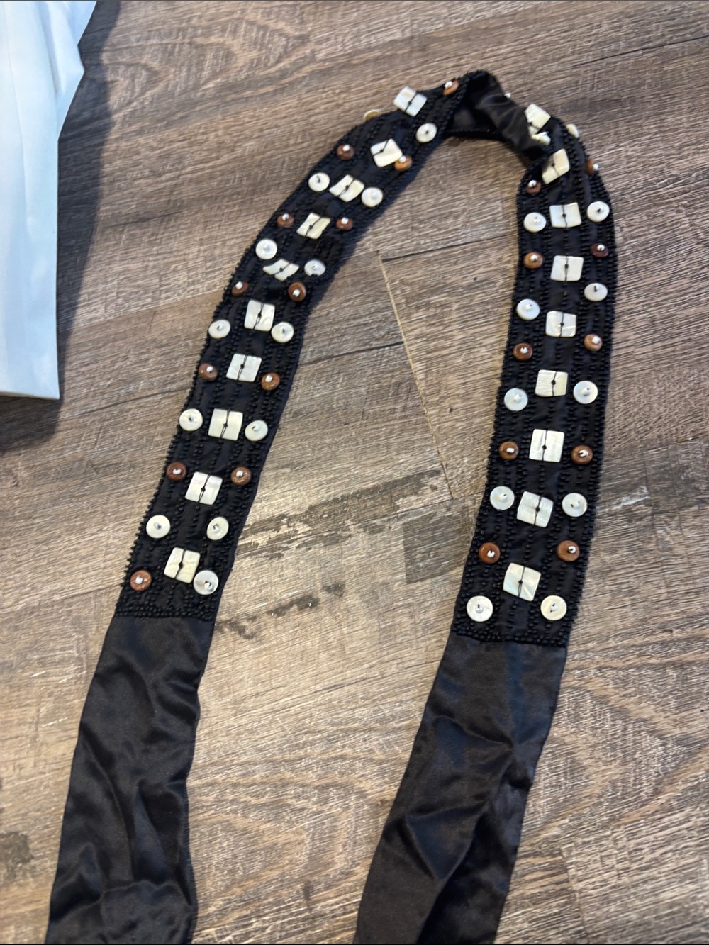 Talbots Black Beaded Ribbon Belt with Ivory and Brown Accents